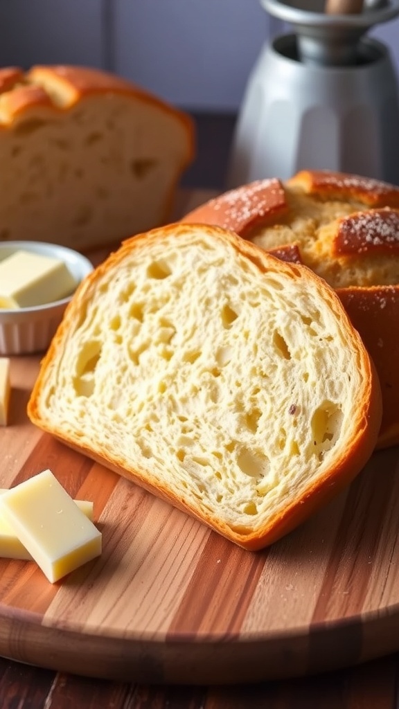 Quick 90-Second Carnivore Bread Recipe A slice of golden carnivore bread on a wooden board with cheese and butter.